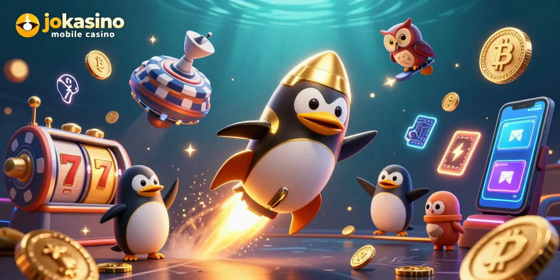 Experience the thrill of the jokacasino mobile casino with a vibrant 3D illustration of a penguin in space.