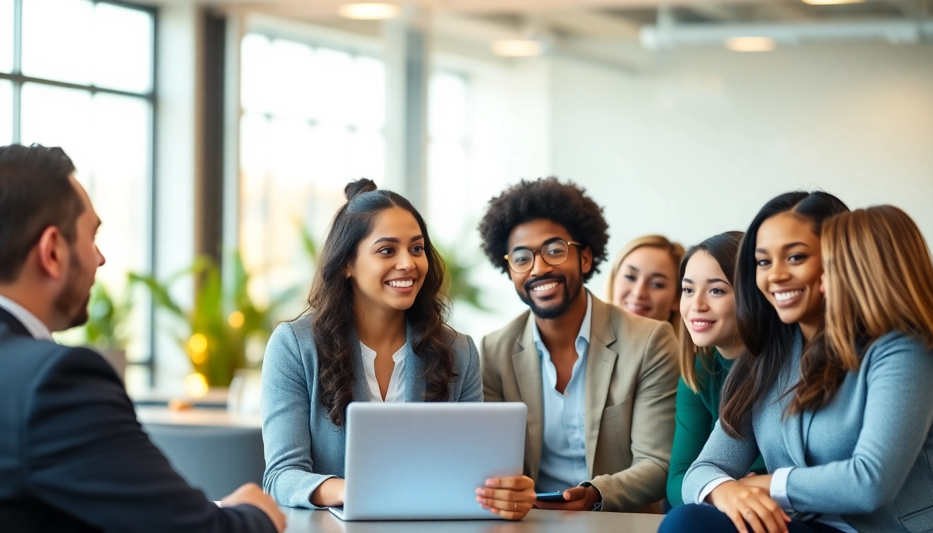 Stellenangebote: Diverse professionals in a bright office collaborating for job opportunities.