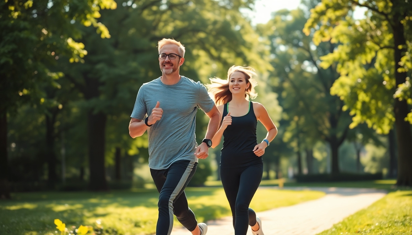 Motiviertes Paar joggt im Park und zeigt Wege zum Gewichtsverlust.