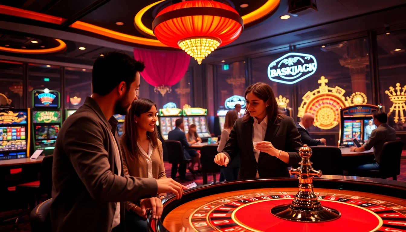 Entdecken Sie die Vielfalt der Spiele in einem aufregenden casino online mit Spielern an Spielautomaten und am Roulette-Tisch.