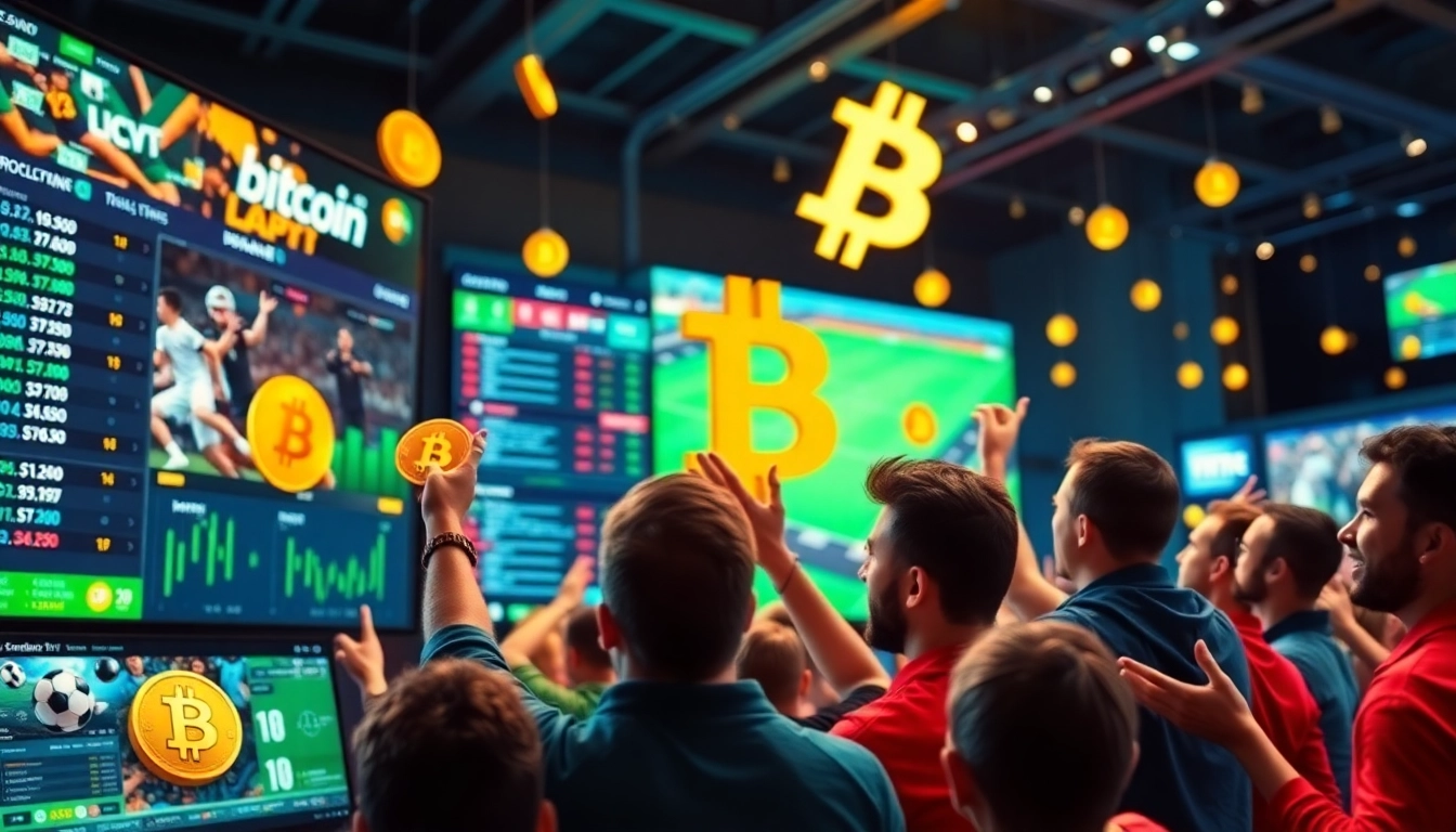 Experience the excitement of Bitcoin betting with fans engaging in lively sports action.