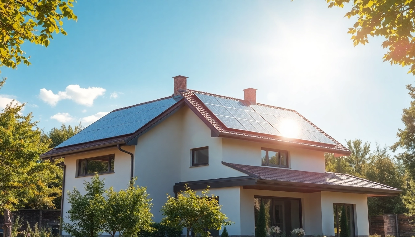 Erwerben Sie ein hochwertiges Photovoltaik Komplettpaket kaufen, während es in einem modernen Wohnumfeld mit Sonnenschein erstrahlt.