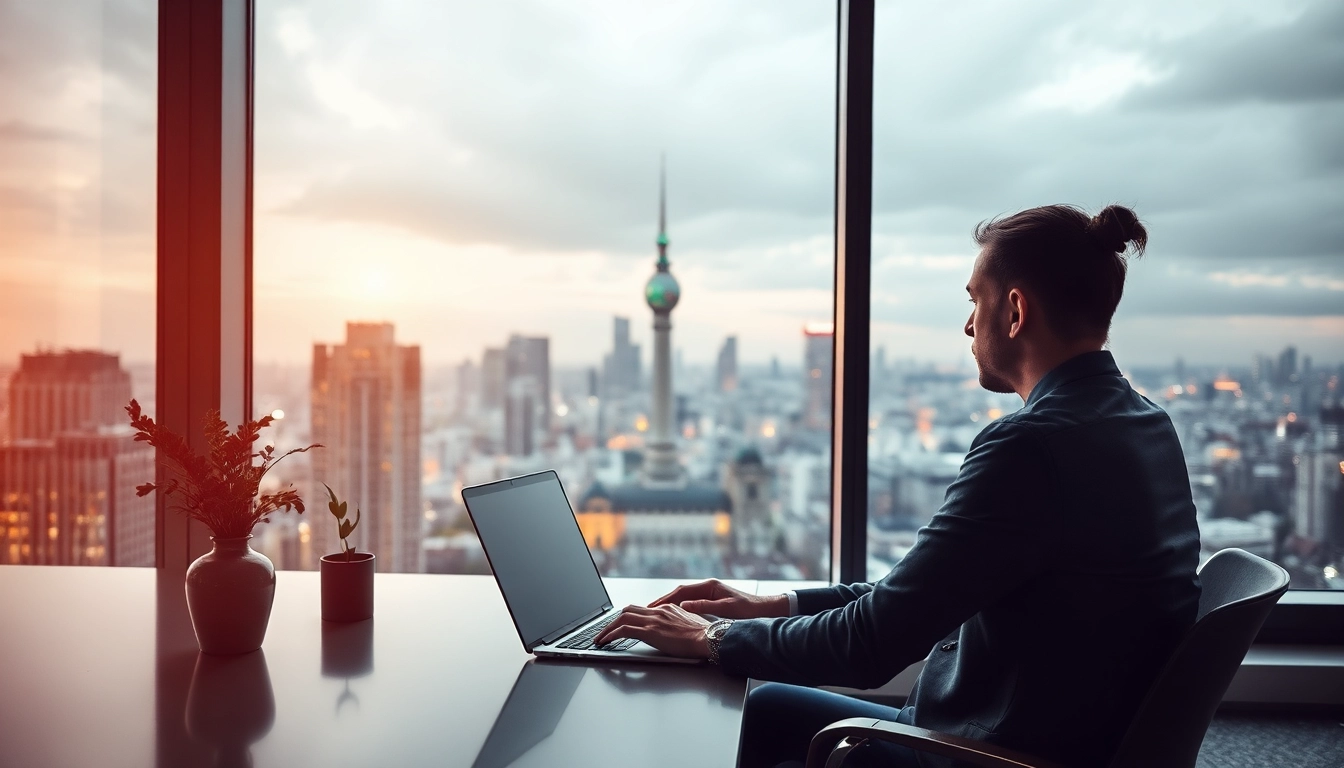 Headhunter Berlin arbeitet professionell in modernem Büro mit Blick auf die Stadt