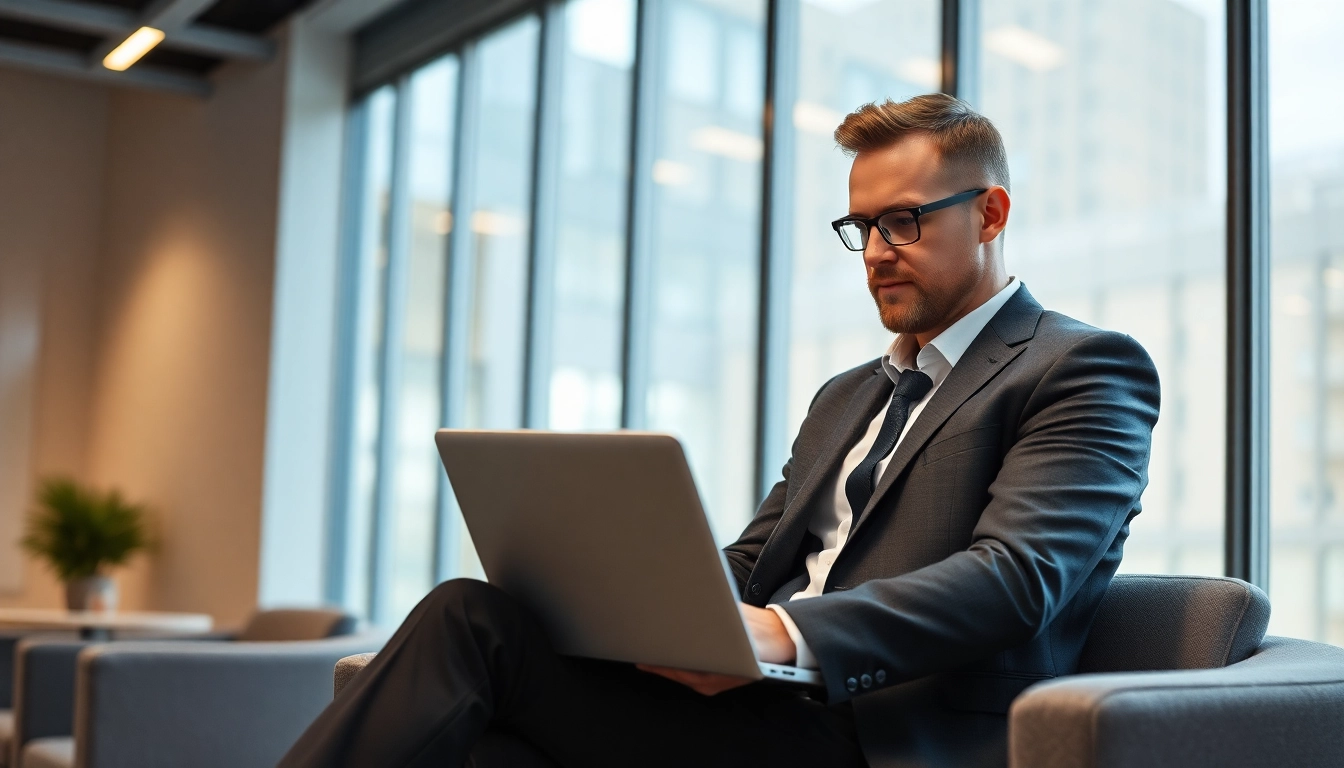 Headhunter arbeitet konzentriert am Laptop in einem modernen Büro.