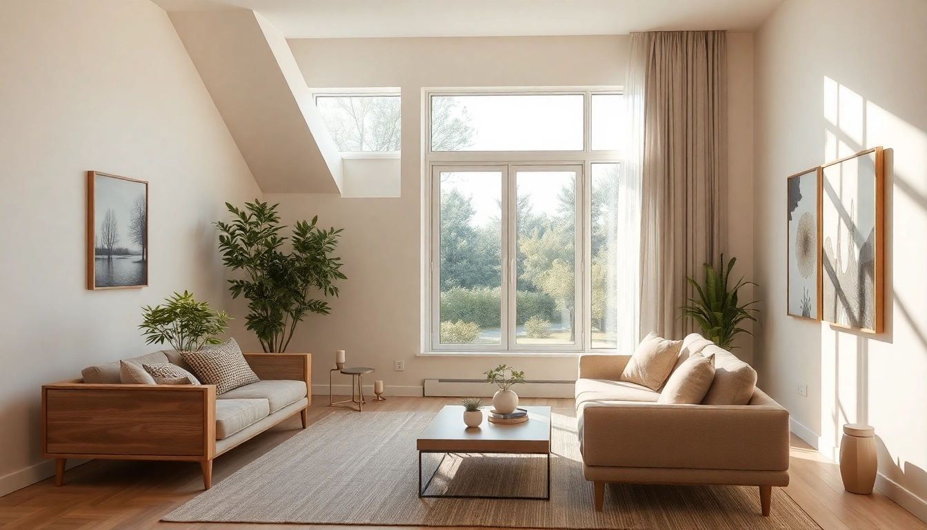 Stilvolle Raumgestaltung eines modernen Wohnzimmers mit warmem Licht und minimalistischer Einrichtung.