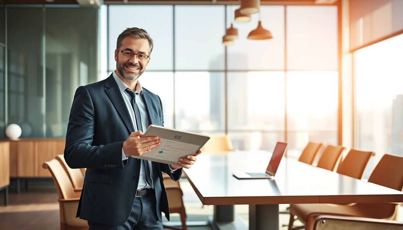 Headhunter CEO lächelt, während er mit einem Tablet in elegantem Büro arbeitet.