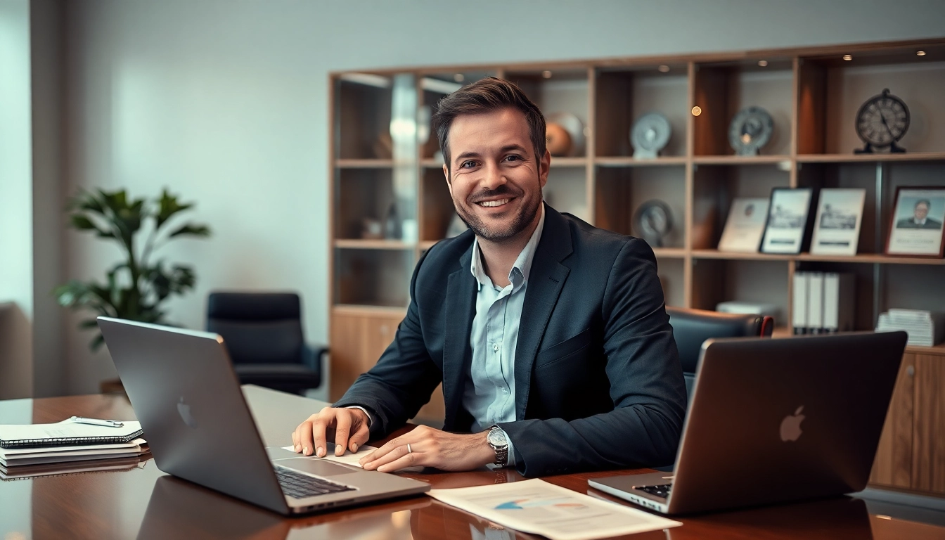 Headhunter Saarbrücken präsentiert kompetent in modernem Büro, umgeben von Bewerbungsunterlagen.