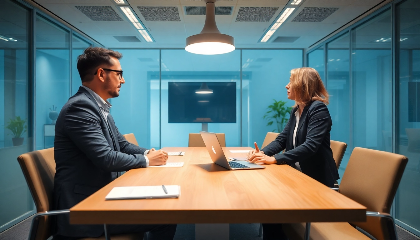 Professionelle Personalvermittlung im modernen Büro mit Headhunter und Kandidat im Gespräch.