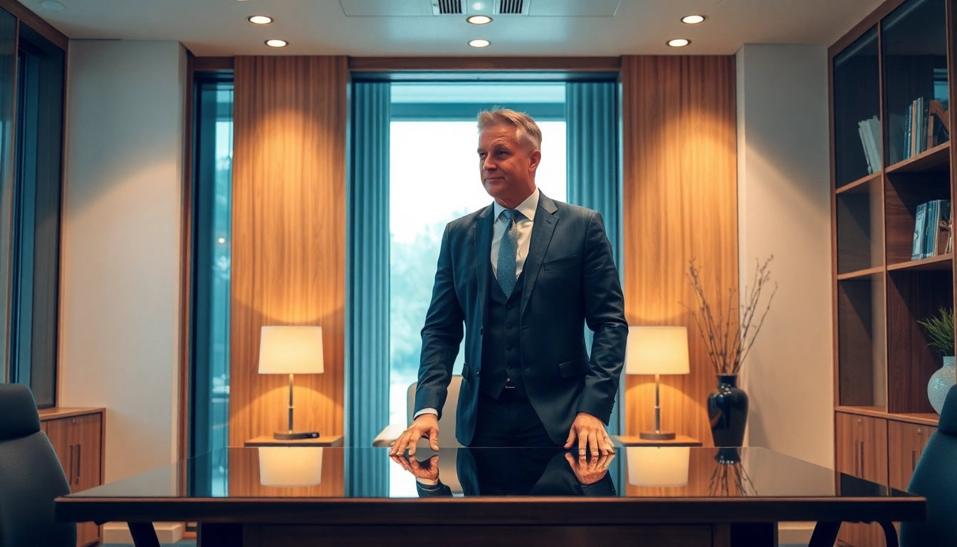 Headhunter Hagen bei der Arbeit in einem modernen Büro, professionell gekleidet und engagiert in einem Gespräch.