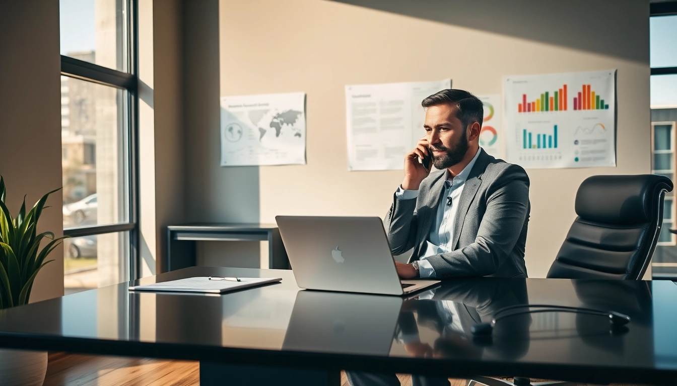 Headhunter bei der Arbeit im modernen Büro, telefoniert und analysiert Daten.