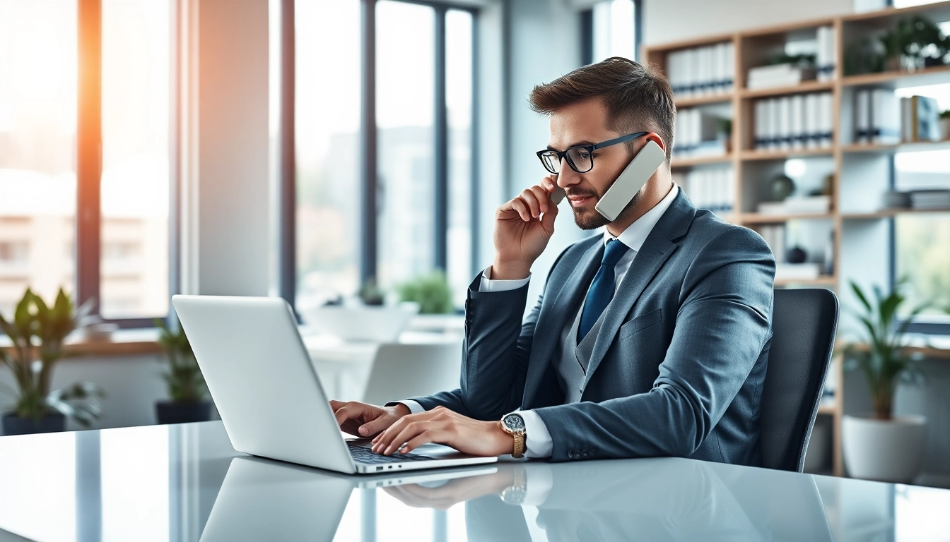 Headhunter IT berät einen Klienten in einem modernen Büro, während er an einem Laptop arbeitet.