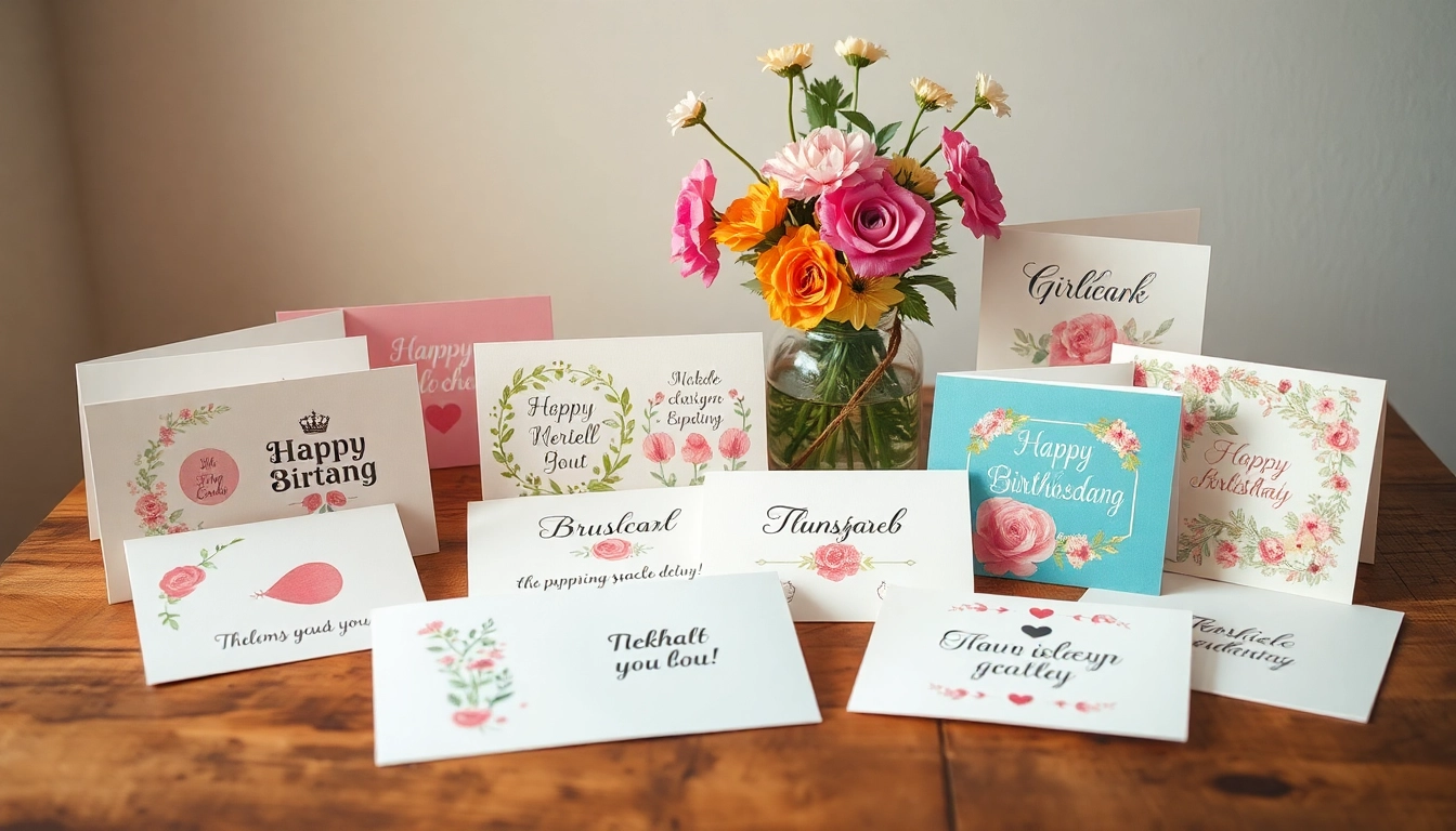 Entdecke schöne Grußkarten auf einem rustikalen Holztisch mit floralen Designs.