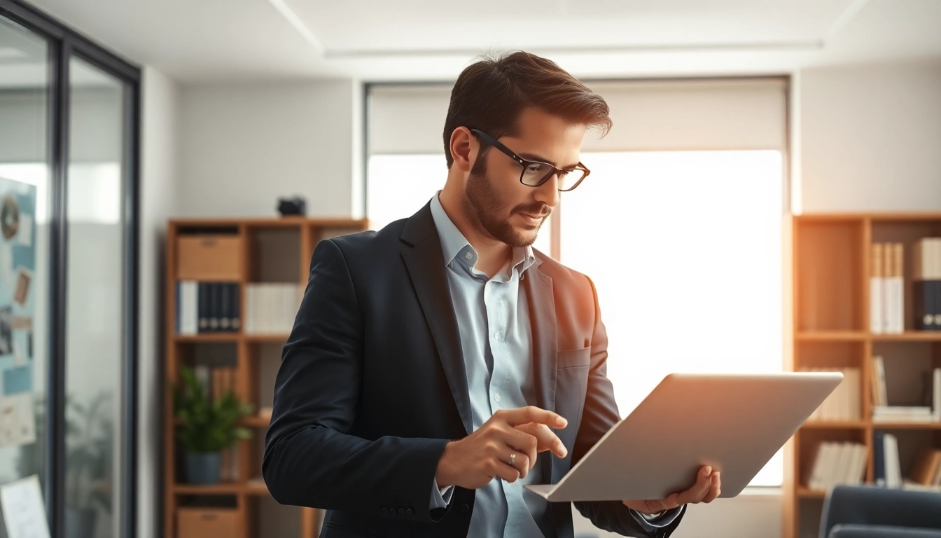 Headhunter IT arbeitet professionell in einem modernen Büro mit Laptop und Tablet.