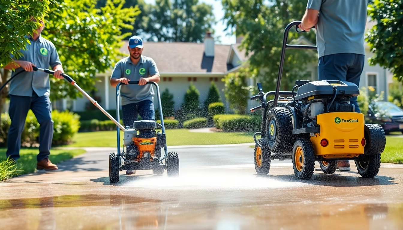 Driveway pressure wash service in action, showcasing a before and after transformation of a driveway with professional cleaning equipment.