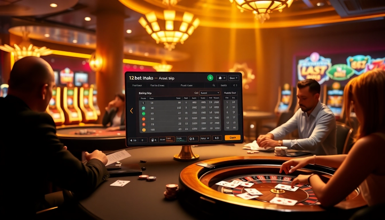 Engage with link 12bet in an exciting online gambling scene showcasing poker and casino games.