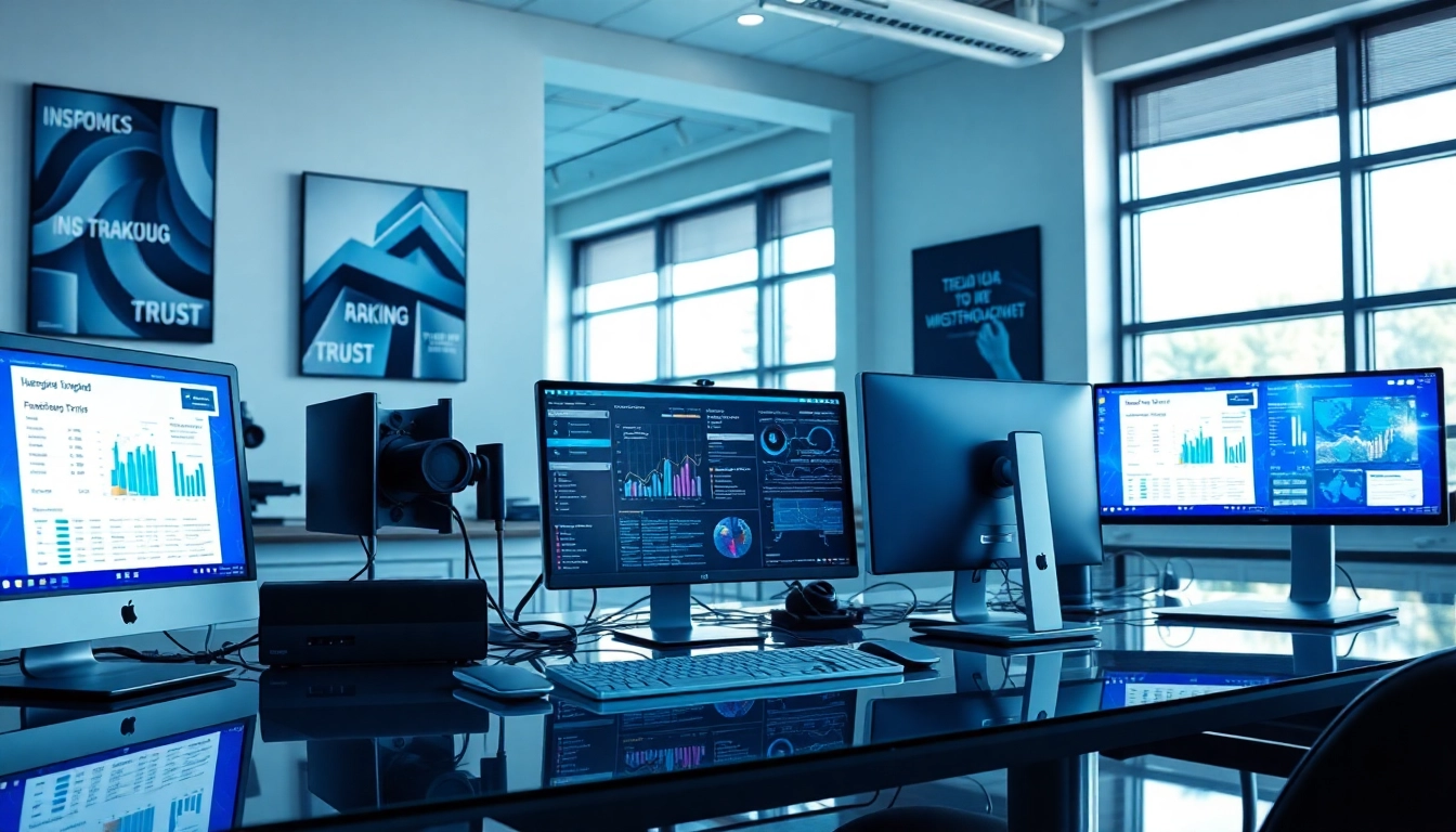 Technologie Arbeitsplatz mit modernen Geräten und lebendigen Bildschirmen zur Datenanalyse.