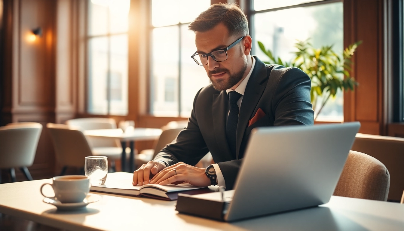 Headhunter Gastronomie bei der Arbeit in einem eleganten Restaurant, Notizbuch und Laptop bereit.