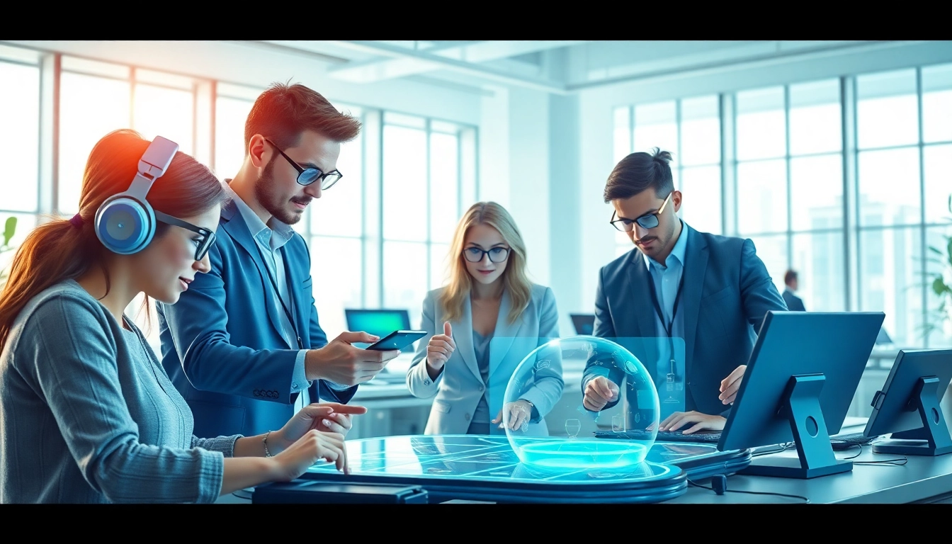 Technologie-Innovationen in einem modernen Büro mit holografischen Displays und Fachleuten.