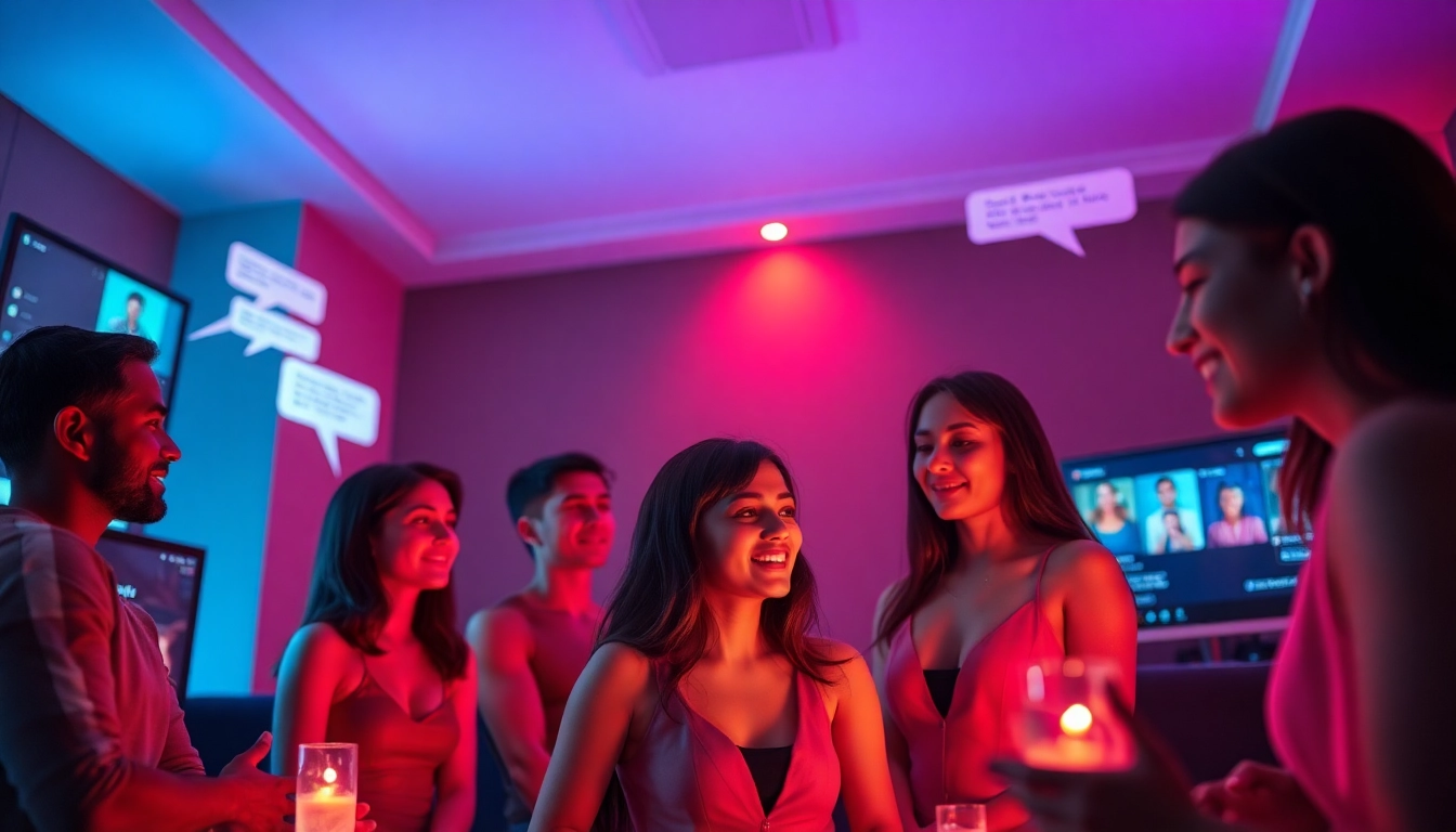 Engaging sex chat room atmosphere with diverse avatars in conversation.