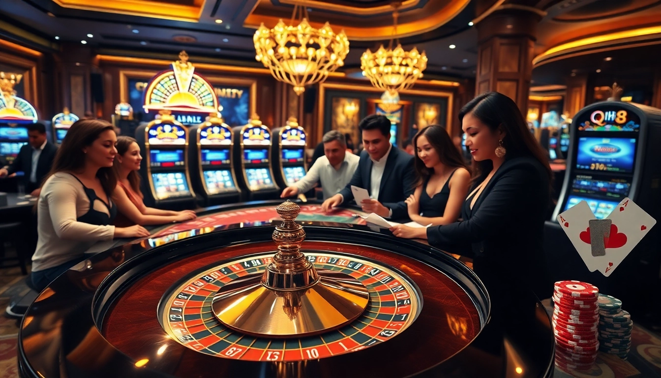 Thrilling qh88 casino experience with elegant roulette and excited players.
