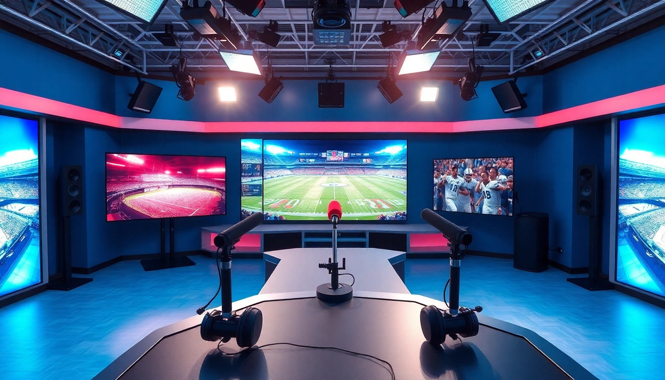 Engaging sports broadcasting setup showcasing technology and energy in a vibrant environment.