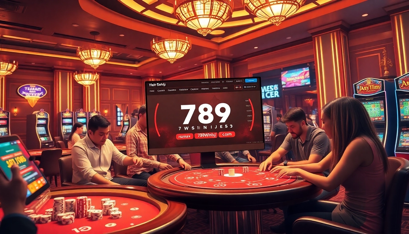 Players enjoying online gambling at https://789winjj.com/ with casino tables, cards, and excitement.