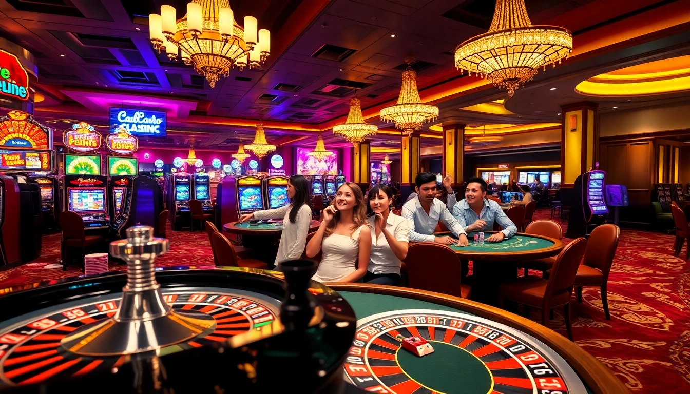 Excited players enjoying the vibrant atmosphere at FLY88 Link casino, featuring slot machines and poker chips.