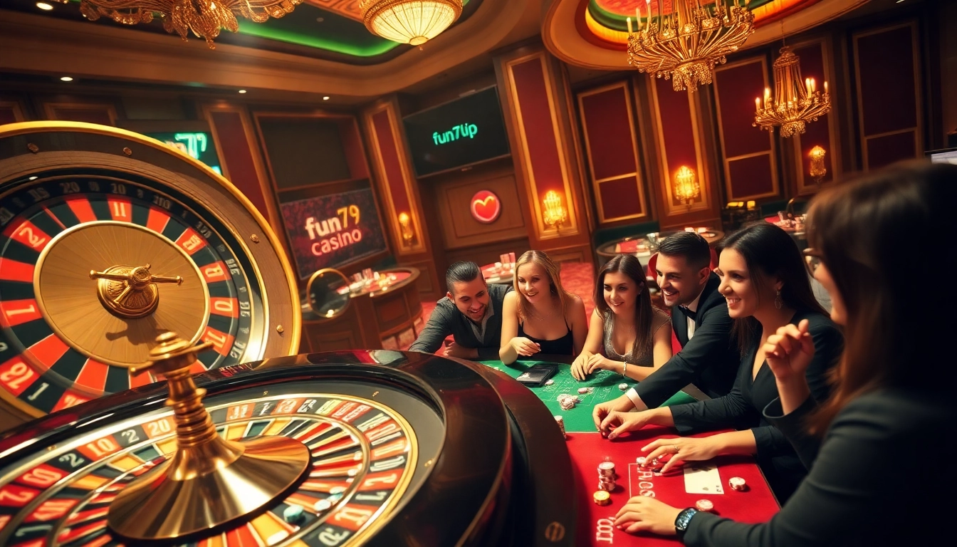 Players enjoying a thrilling roulette game at fun79.vip, surrounded by colorful casino decor and vibrant atmosphere.