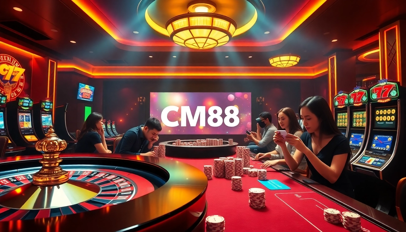 Engaging casino scene showcasing CM88 with roulette wheels and poker chips in a vibrant atmosphere.