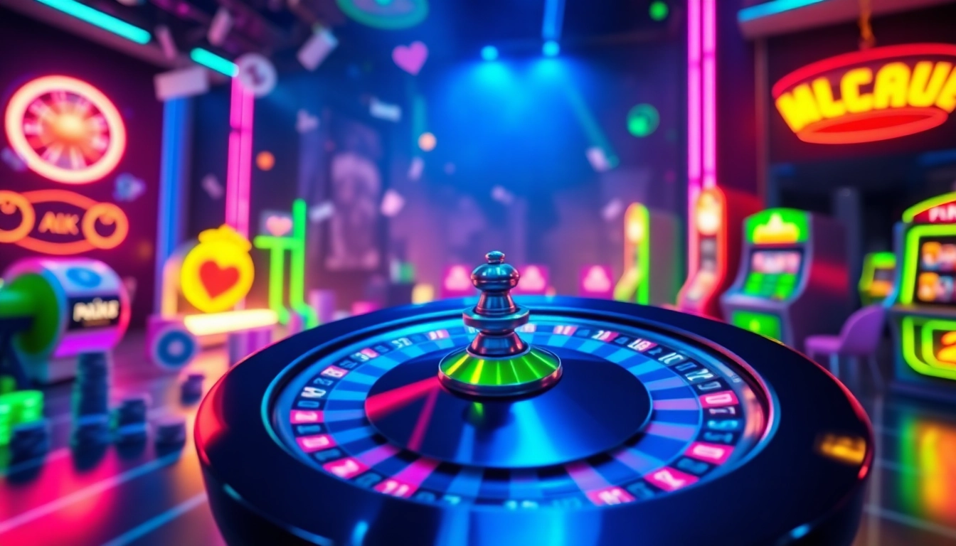 Az online kaszinó izgalmas világa a pörgő rulettkerékkel és színes fényekkel.