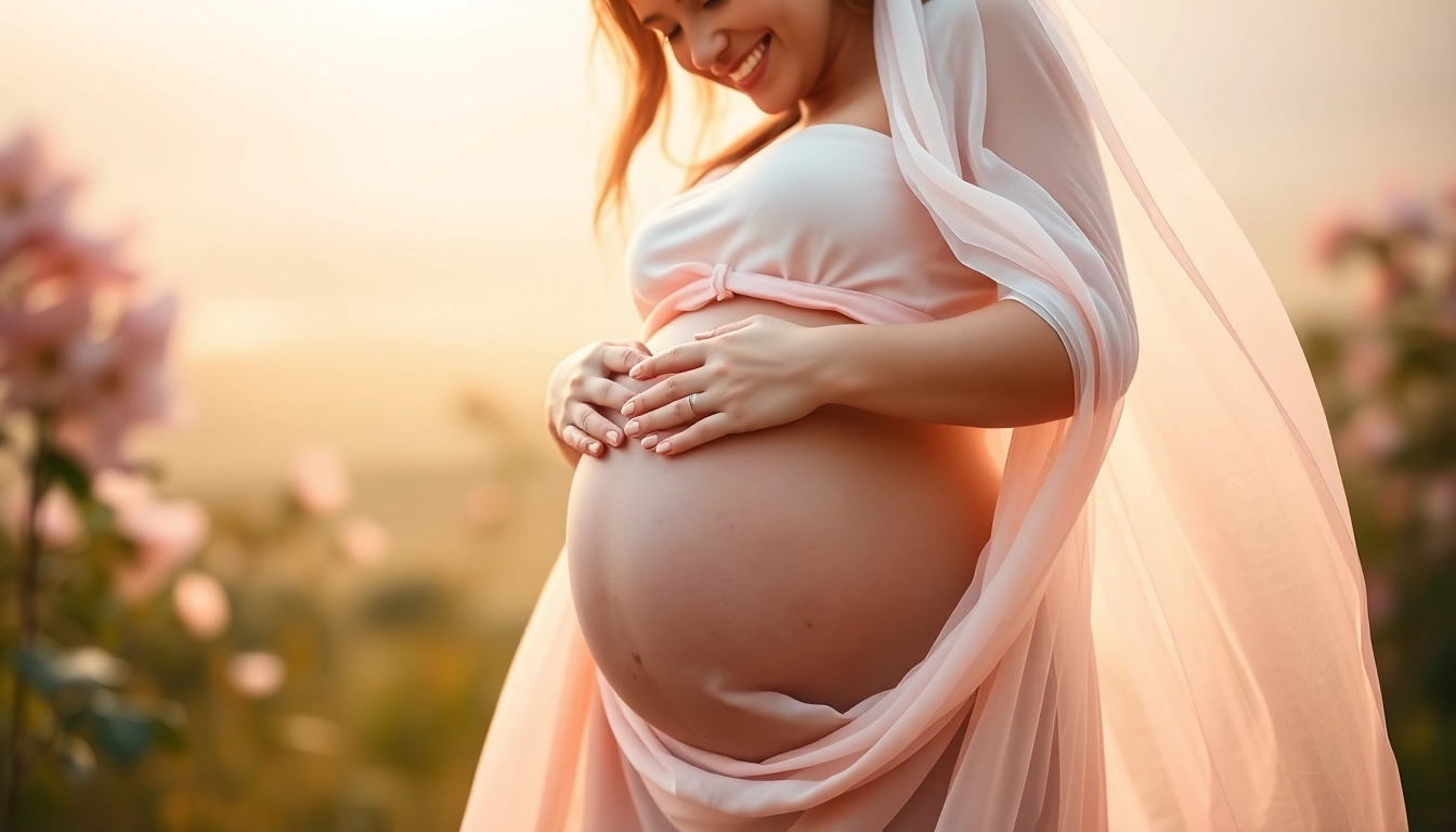 Babybauch Fotografie einer schwangeren Frau im Freien, die glücklich ihren Babybauch zeigt.