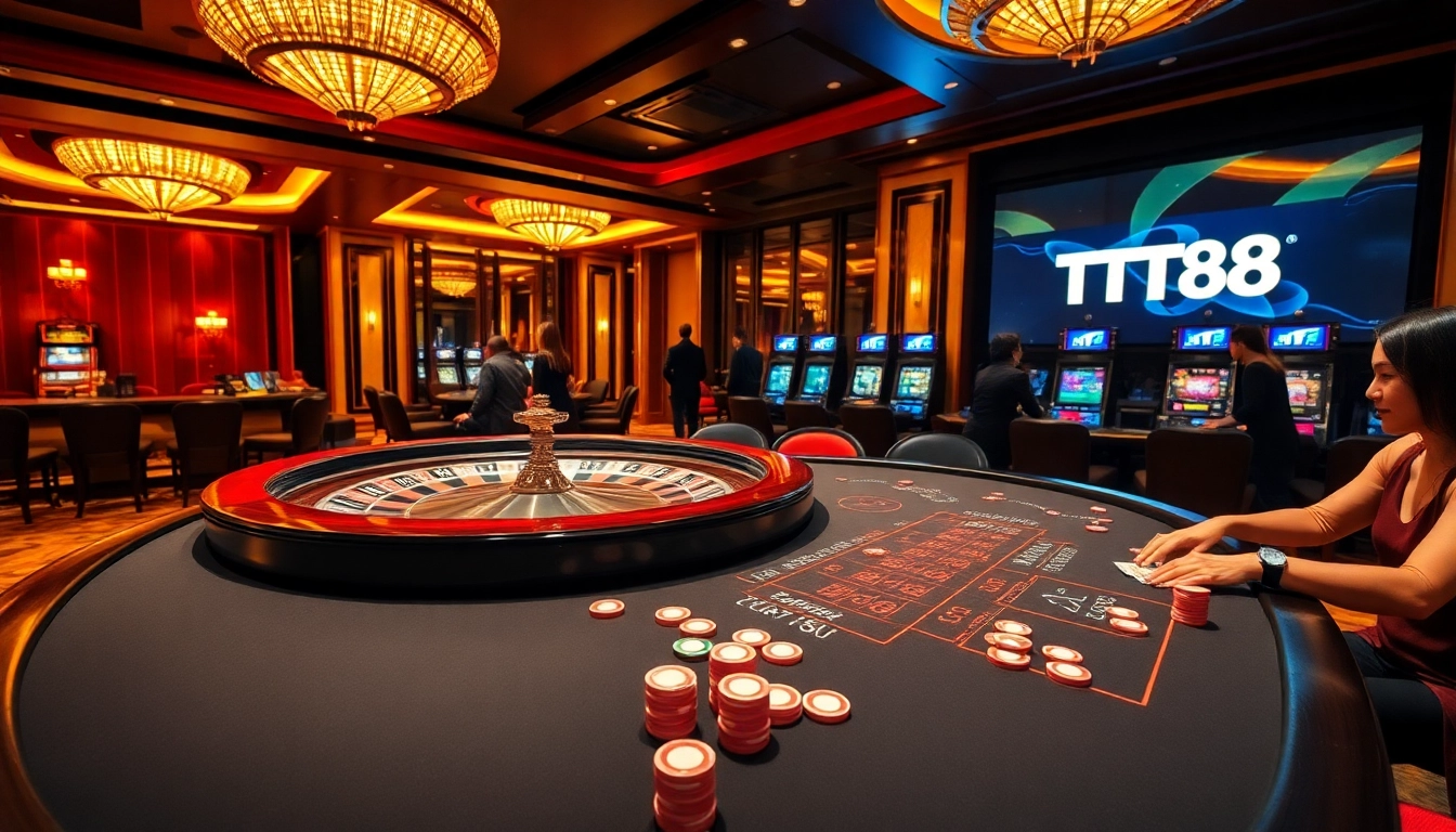 Engage in thrilling gameplay at the TT88 casino table, with vibrant chips and cards in an upscale atmosphere.