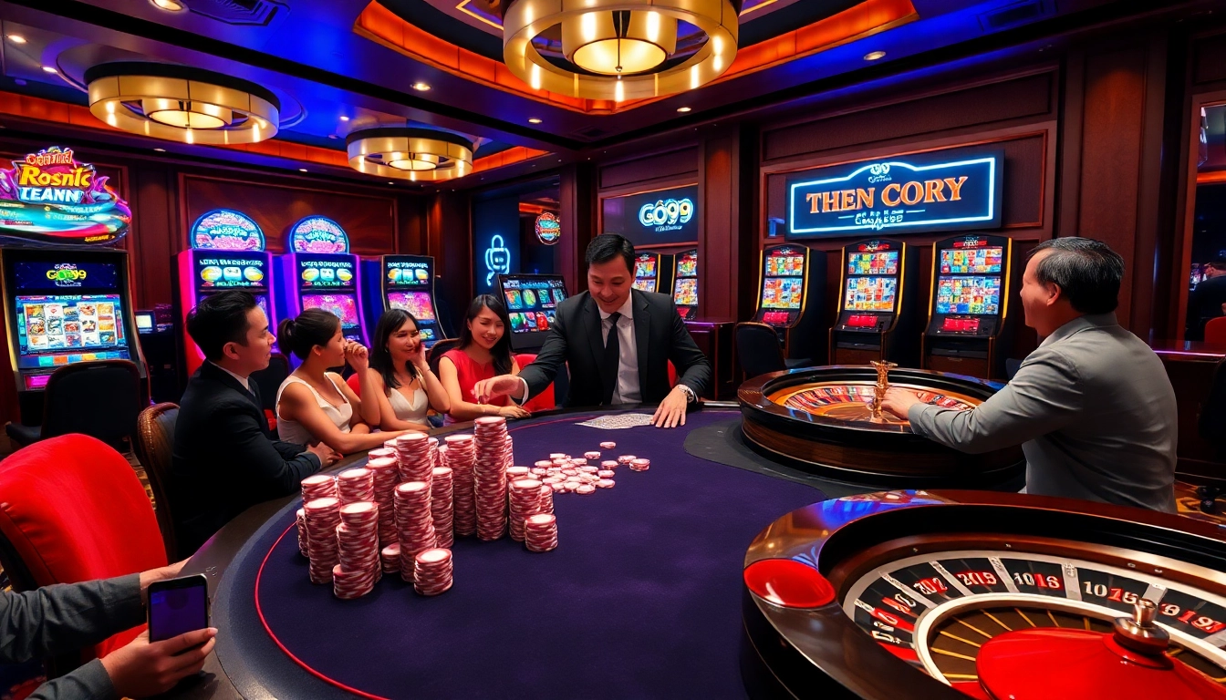 Engaging scene of players at GO99 Trang Chủ poker table, vibrant slot machines, and roulette wheel.