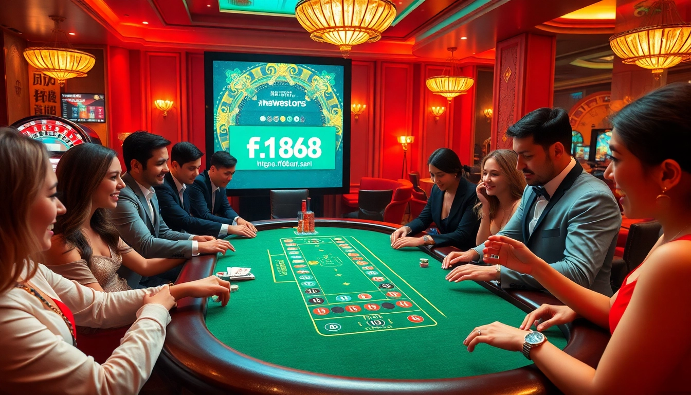 Players enjoying poker and roulette at a luxury casino scene inspired by https://f168.sarl/ showcasing vibrant excitement.