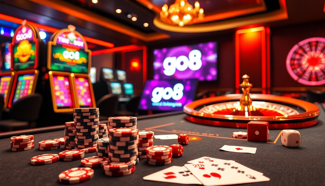 Engaging gamblers at the luxurious Go8 casino with poker chips and vibrant slot machines.