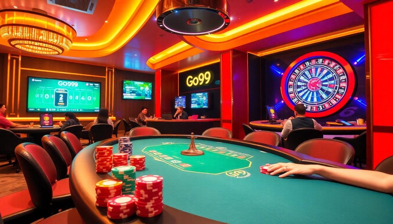 Experience the excitement of Go99 gaming with vibrant poker tables and roulette wheels in this contemporary casino scene.