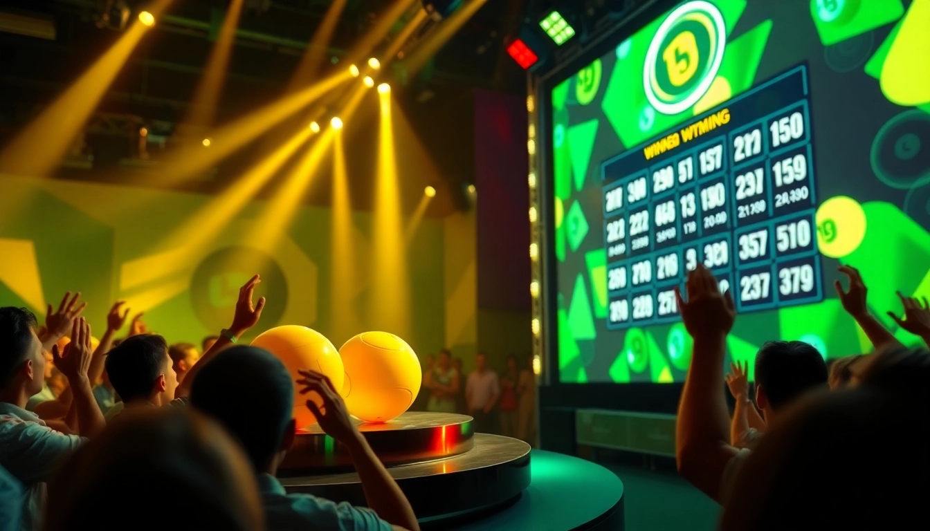 The lively lottery drawing scene emphasizes the thrill of winning with https://songthulo.site/ showcasing illuminated balls and a cheering crowd.