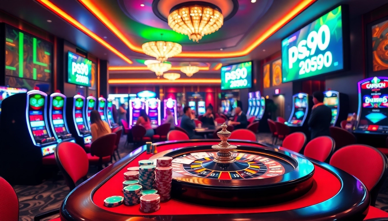 Exciting casino scene showcasing "Link mới nhất ps99" with vibrant tables, poker chips, and spinning roulette.