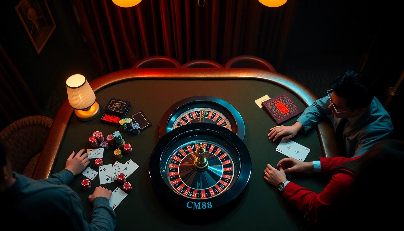 Engaging poker players at a luxury casino showcasing CM88 themed elements.