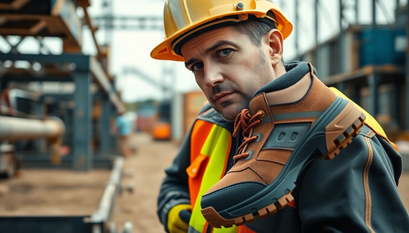 Jallatte Sicherheitsschuhe, getragen von einem Bauarbeiter vor Ort, die Haltbarkeit und Sicherheitsmerkmale zeigen.