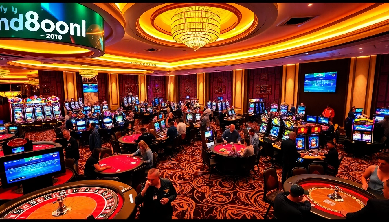 Sparking excitement at https://s8onl.com/ with engaged players at casino tables and modern gaming machines.
