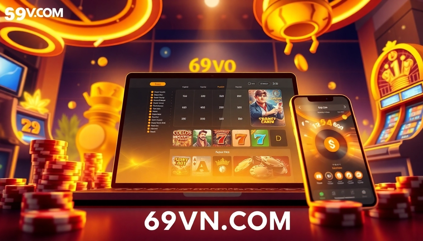 Experience the excitement of 69VN.COM with a modern online casino setup, featuring digital devices and casino elements.