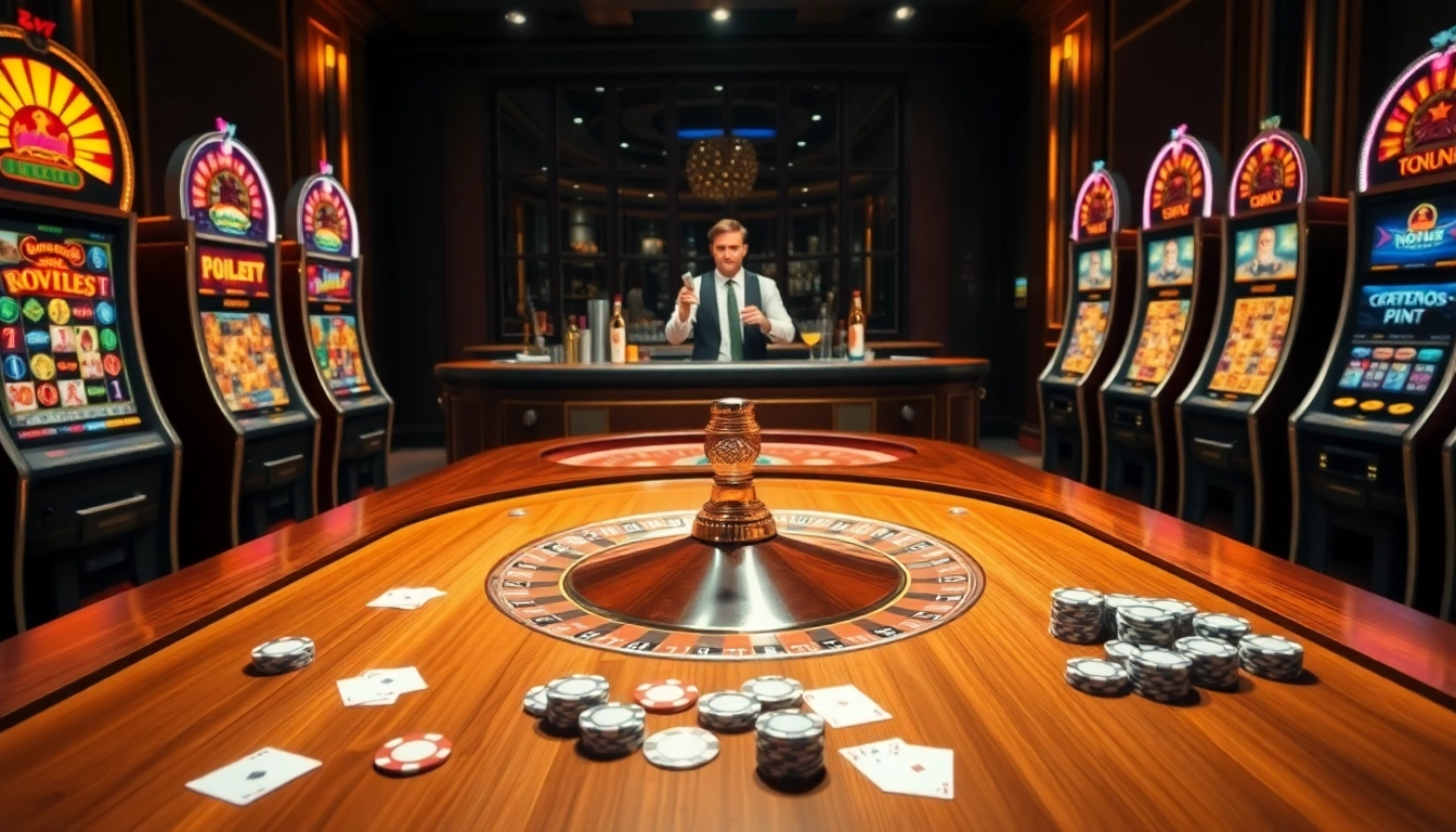 Nohu90 players enjoying an exciting game night with colorful slot machines and roulette table.