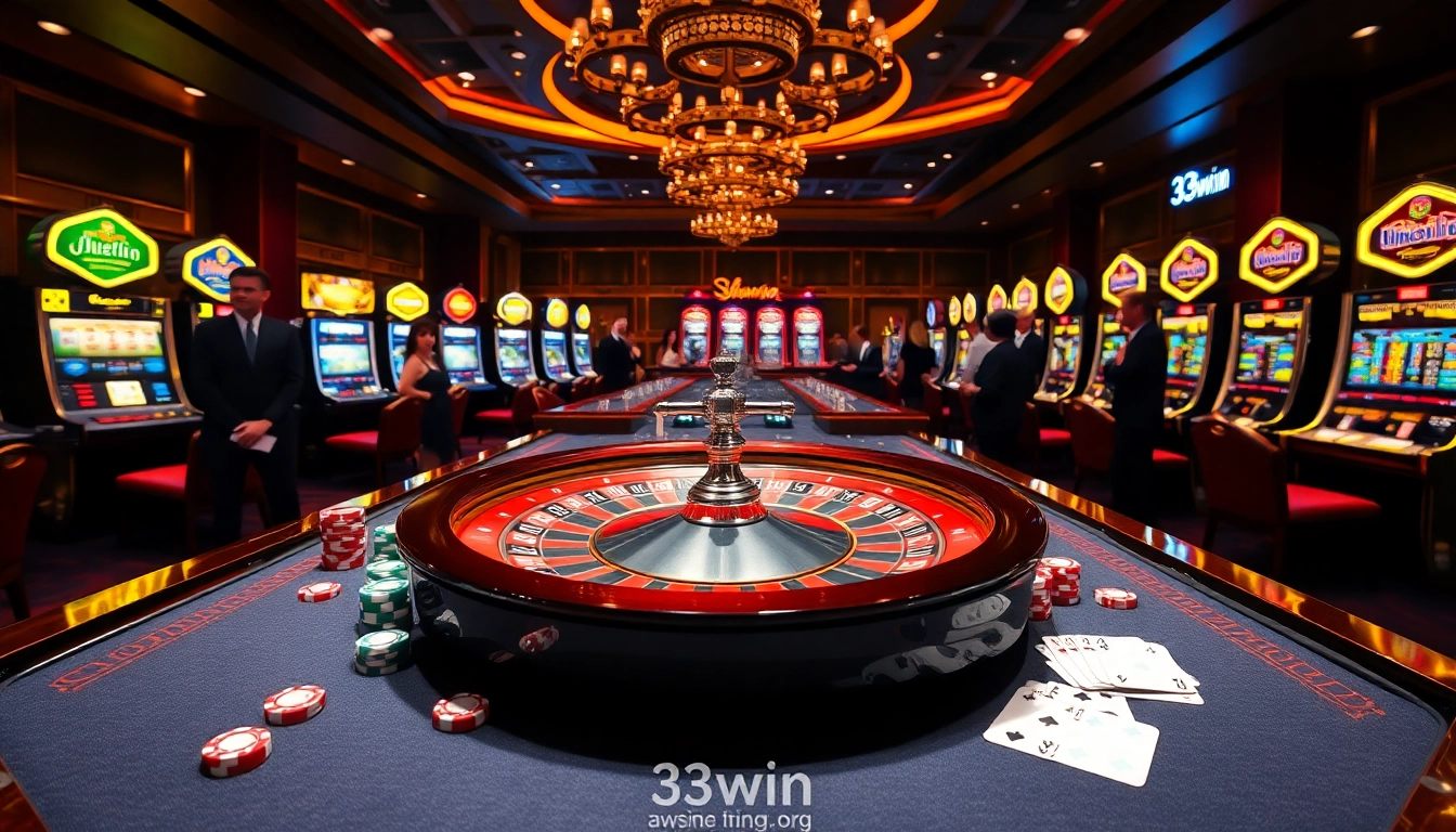 Experience the thrill of high-stakes gambling at 33win with elegant casino tables and vibrant roulette wheels.