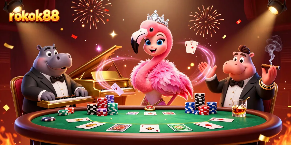 Experience thrill at rokok88 with a vibrant casino scene of a flamingo singer and hippo bassist.