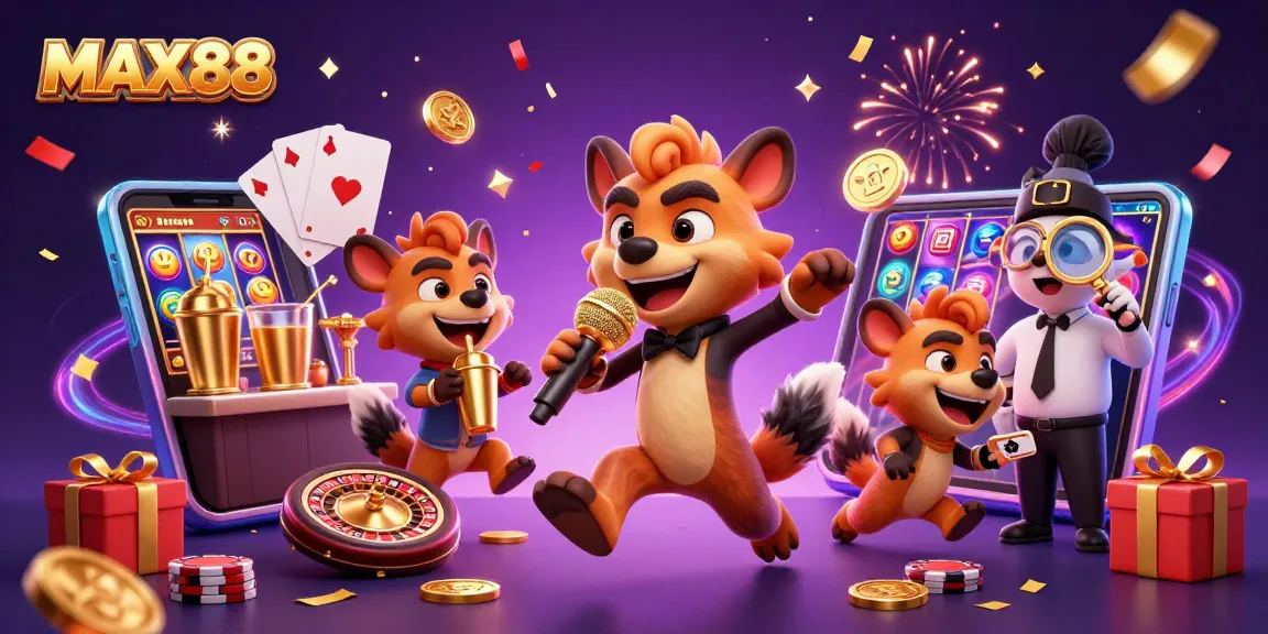 MAX88 showcases hyenas in a lively casino scene with games, drinks, and humor.