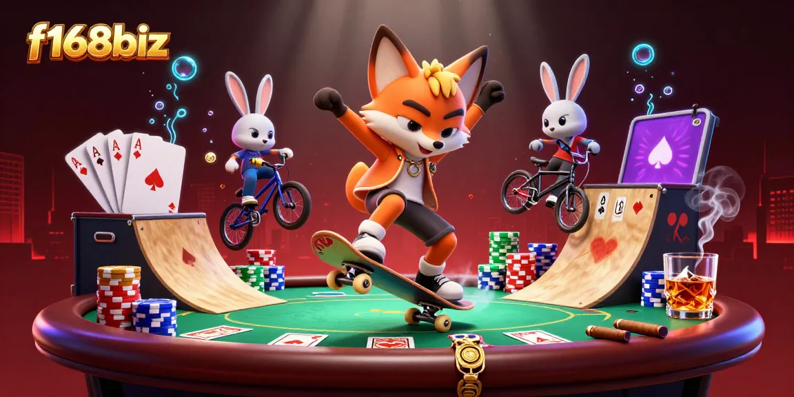Experience f168biz gaming excitement with vibrant 3D illustrations of fun casino characters and elements.