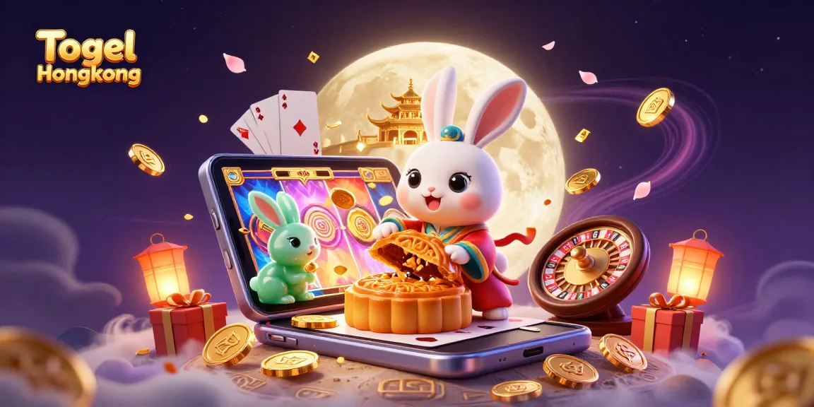 Togel Hongkong lottery results displayed by a moon rabbit and a jade rabbit in a dynamic casino scene.