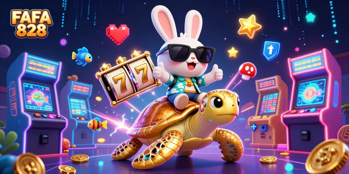 Play thrilling games at FAFA 828 as a lucky rabbit rides a gem-encrusted turtle through vibrant casino realms.