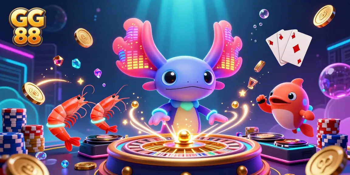 Experience the excitement of GG 88 with a dynamic scene featuring a neon axolotl DJ amidst casino elements.